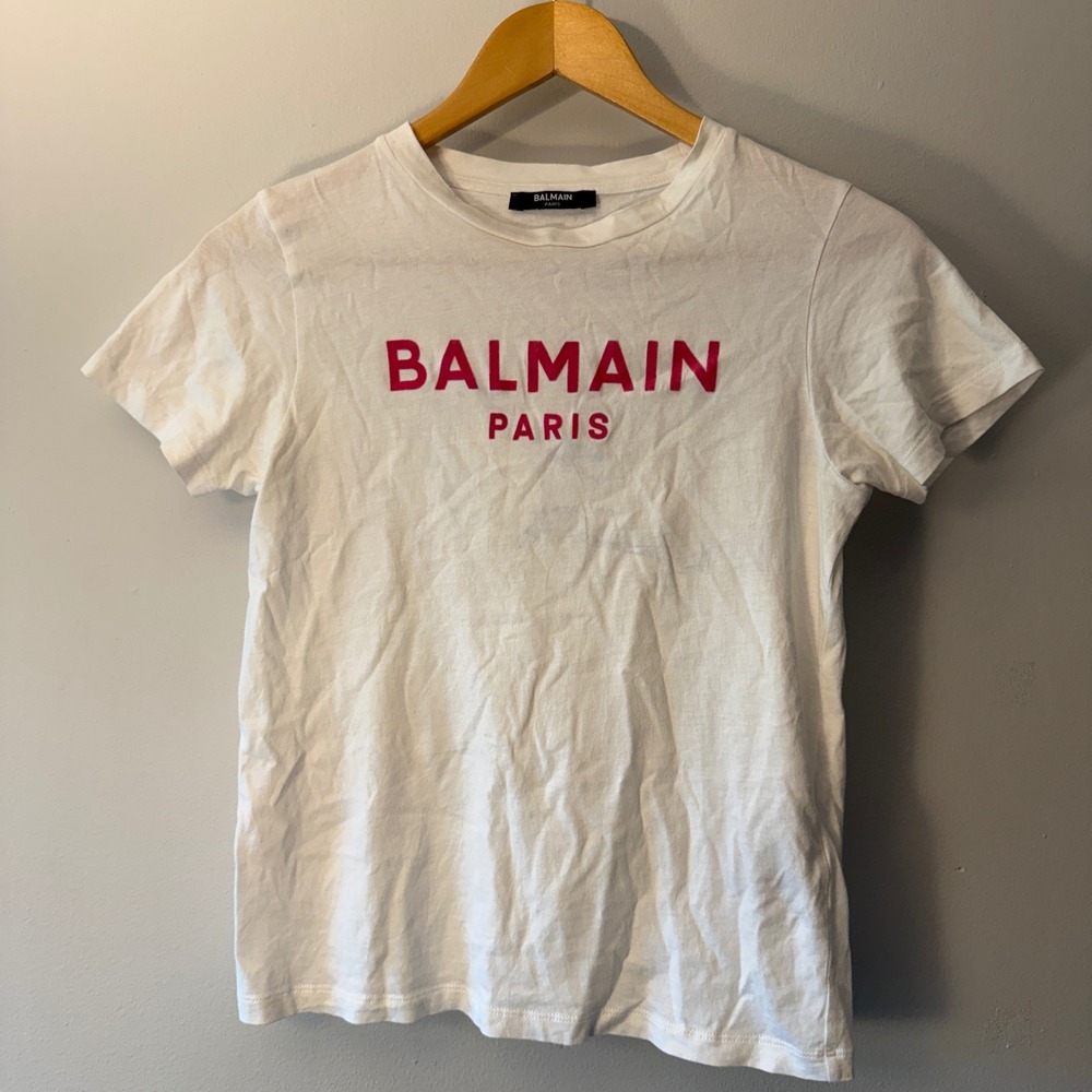 Balmain Paris Logo T-Shirt Womens White Pink Flocked Spellout Tee 86UXV 001